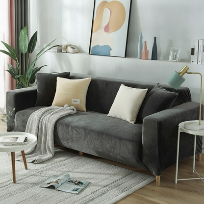 Adaptable Grey Velvet Couch Cover styled in a modern living room lifestyle setting