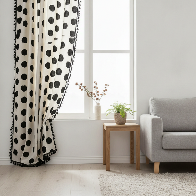 Chic Polka Dot Tassel Curtain hung on a window in a styled room