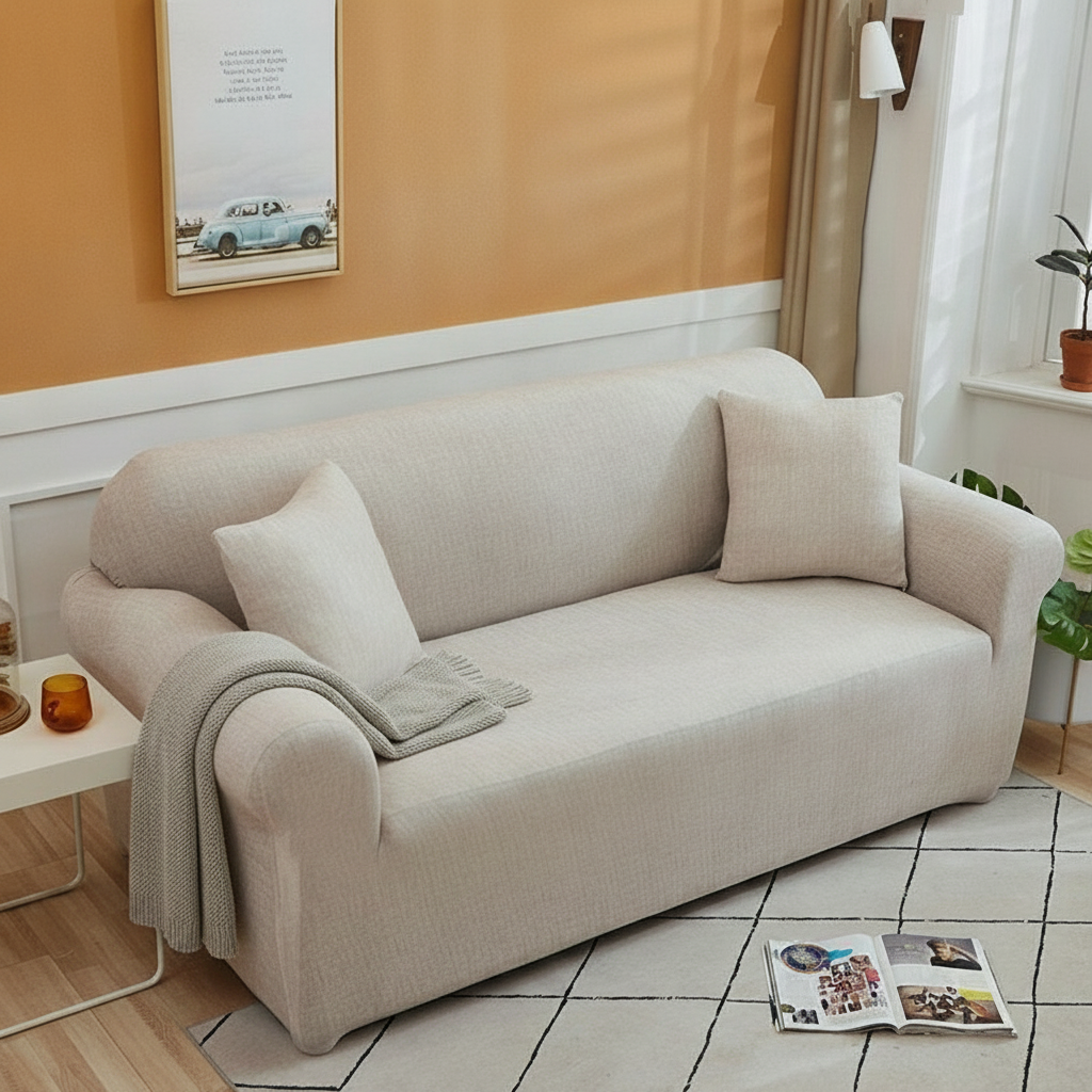 Cross Pattern Couch Cover styled on a sofa in a modern living room lifestyle setting