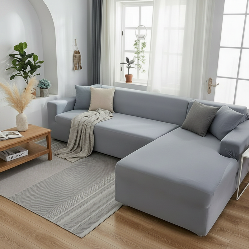 L-Shaped Micro-Fabric Sofa Cover styled on a sectional in a modern living room lifestyle setting