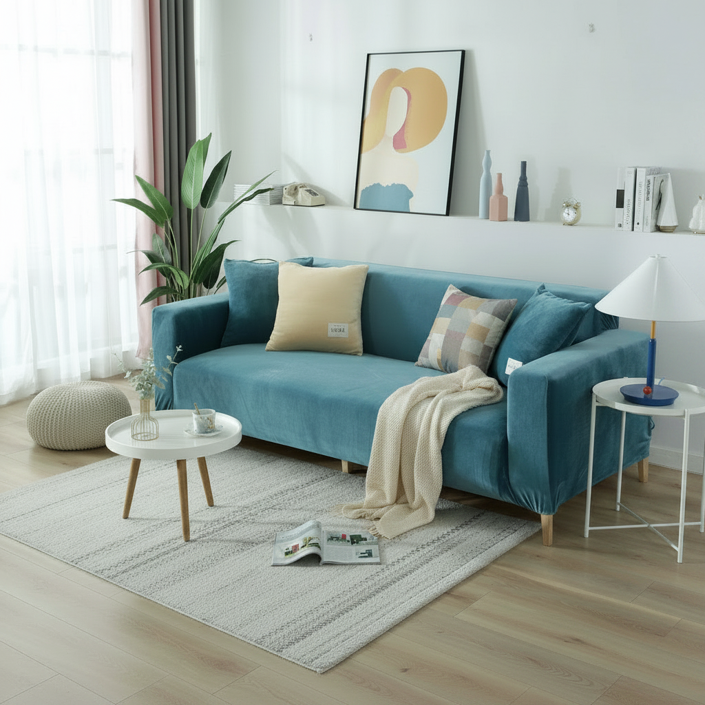 Lake Blue Velvet Couch Cover styled on a sofa in a modern living room lifestyle setting