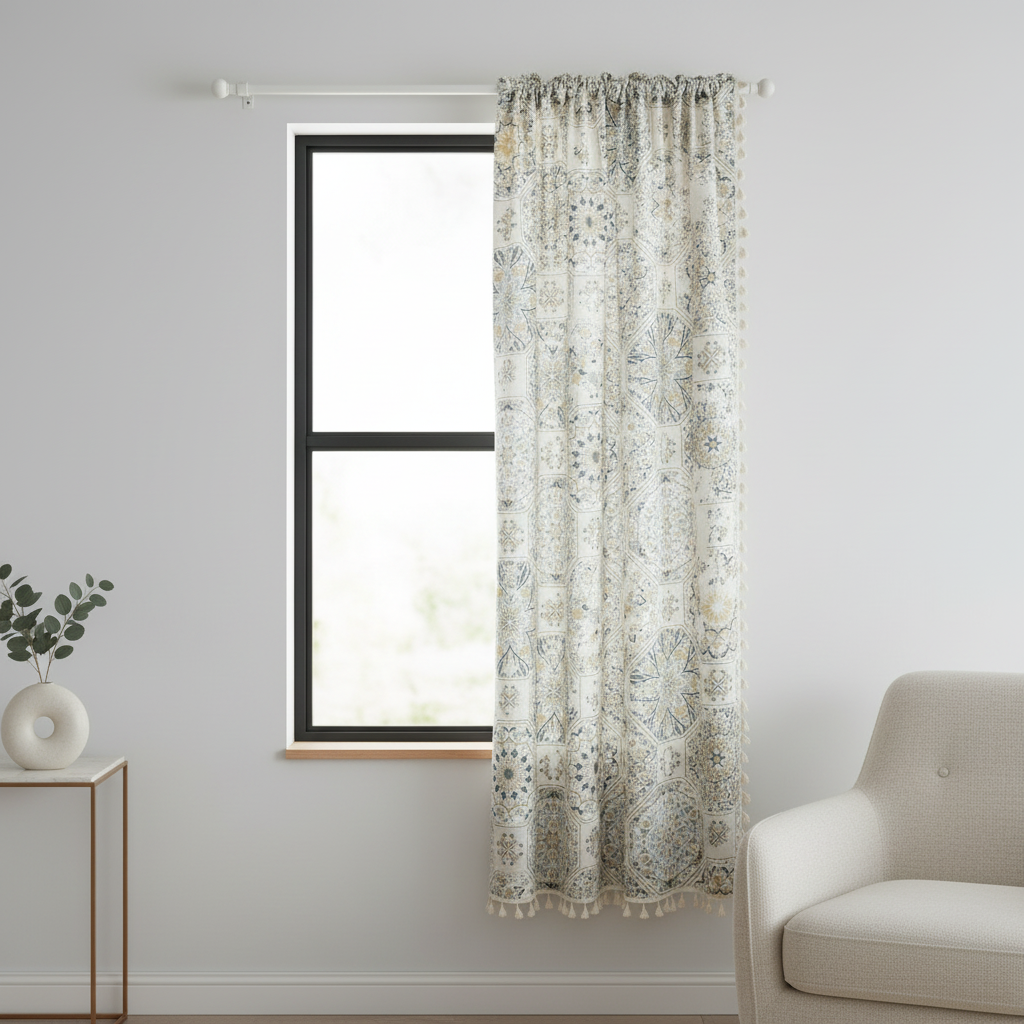 Botanical Bliss Tassel Curtain hung on a window in a styled room