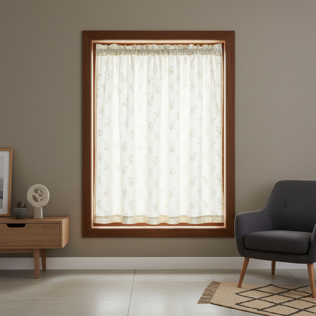 Daisy Breeze cottagecore cabinet curtain hung on a window in a styled modern room