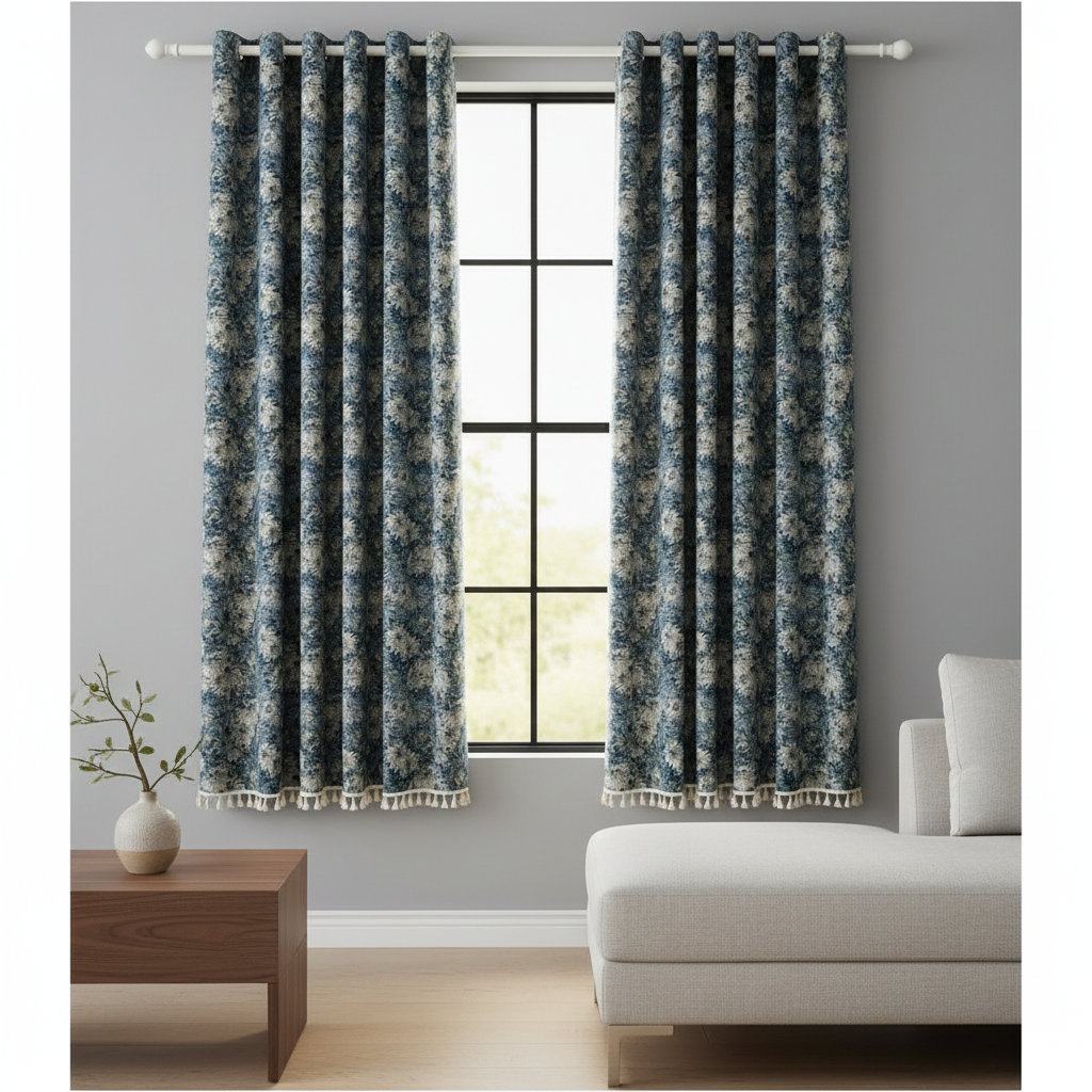 Navy floral tassel curtain hung on a window in a styled room
