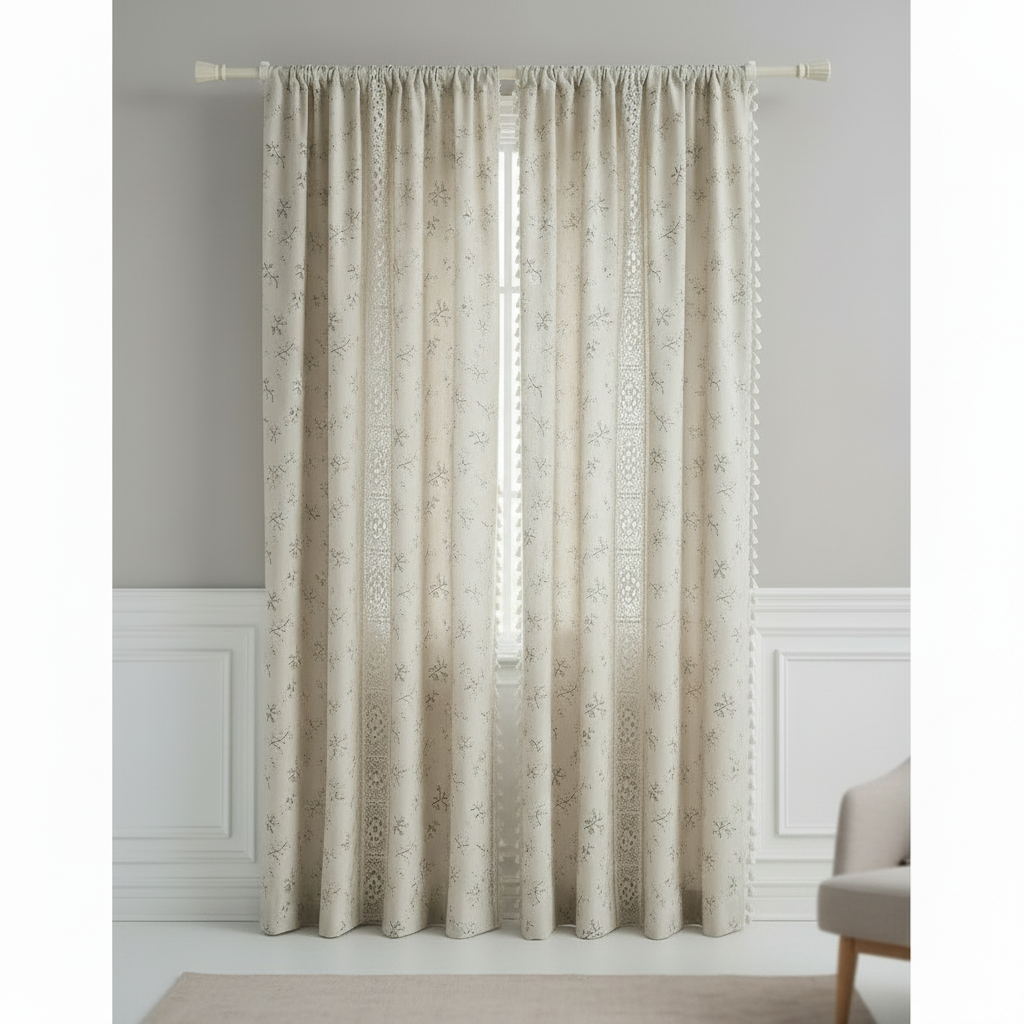 Whimsical Meadow patchwork lace curtain hung on a window in a styled room