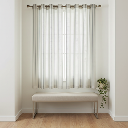 Soft Flow Vertical Stripe Curtain hung on a window in a styled room