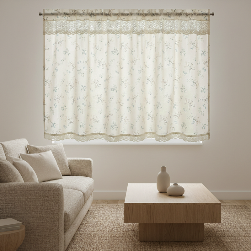 Nordic Bloom UV-resistant kitchen cabinet curtain hung on a window in a styled room