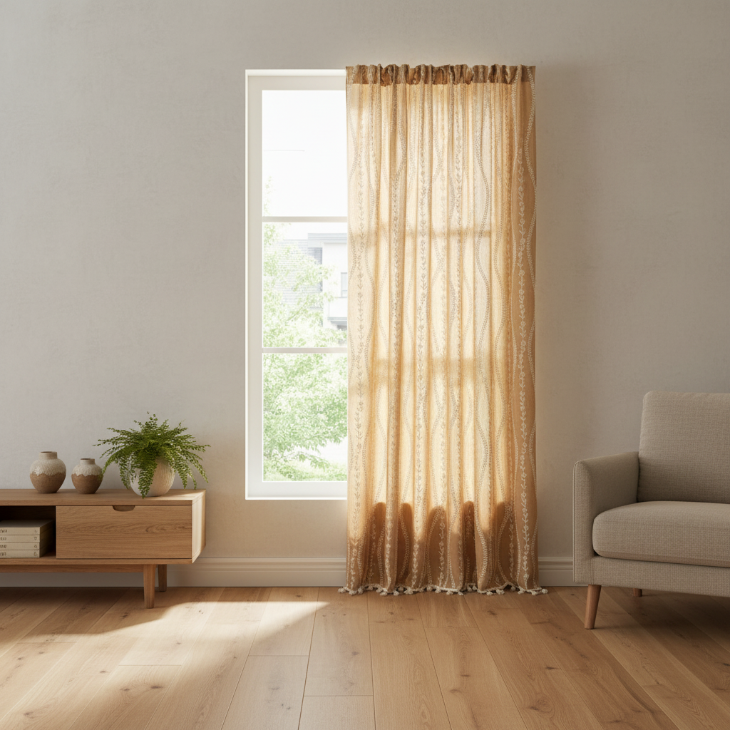 Wheat Pattern Beige Tassel Curtain hung on a window in a styled room