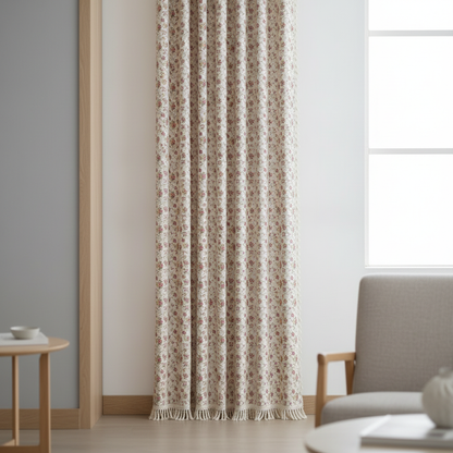 Floral tasseled soft cotton semi-sheer curtain hung on a window in a styled room