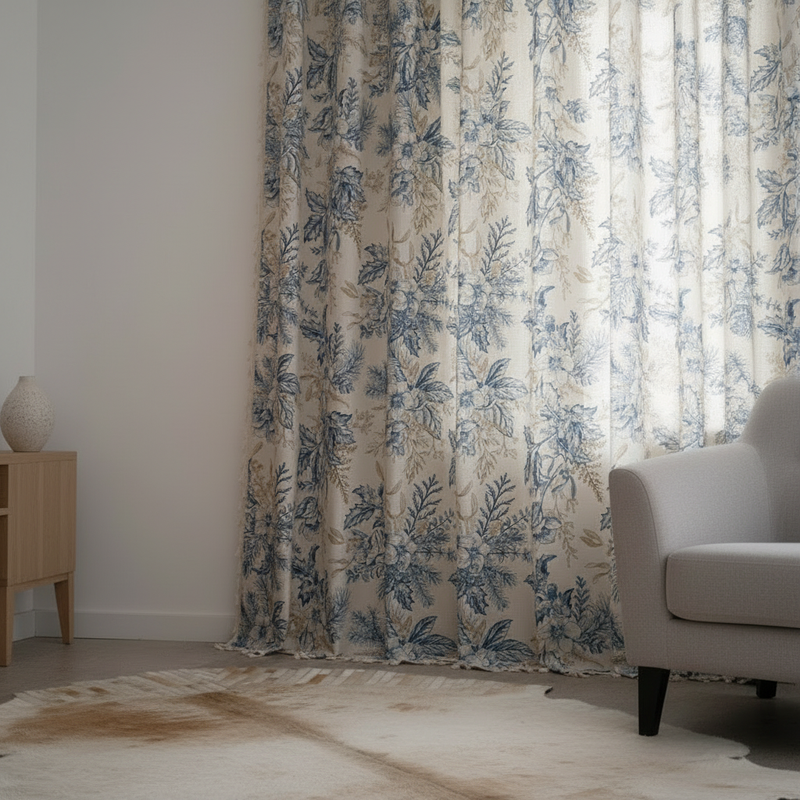 Farmhouse Botanical Blue Floral Curtain hung on a window in a styled room