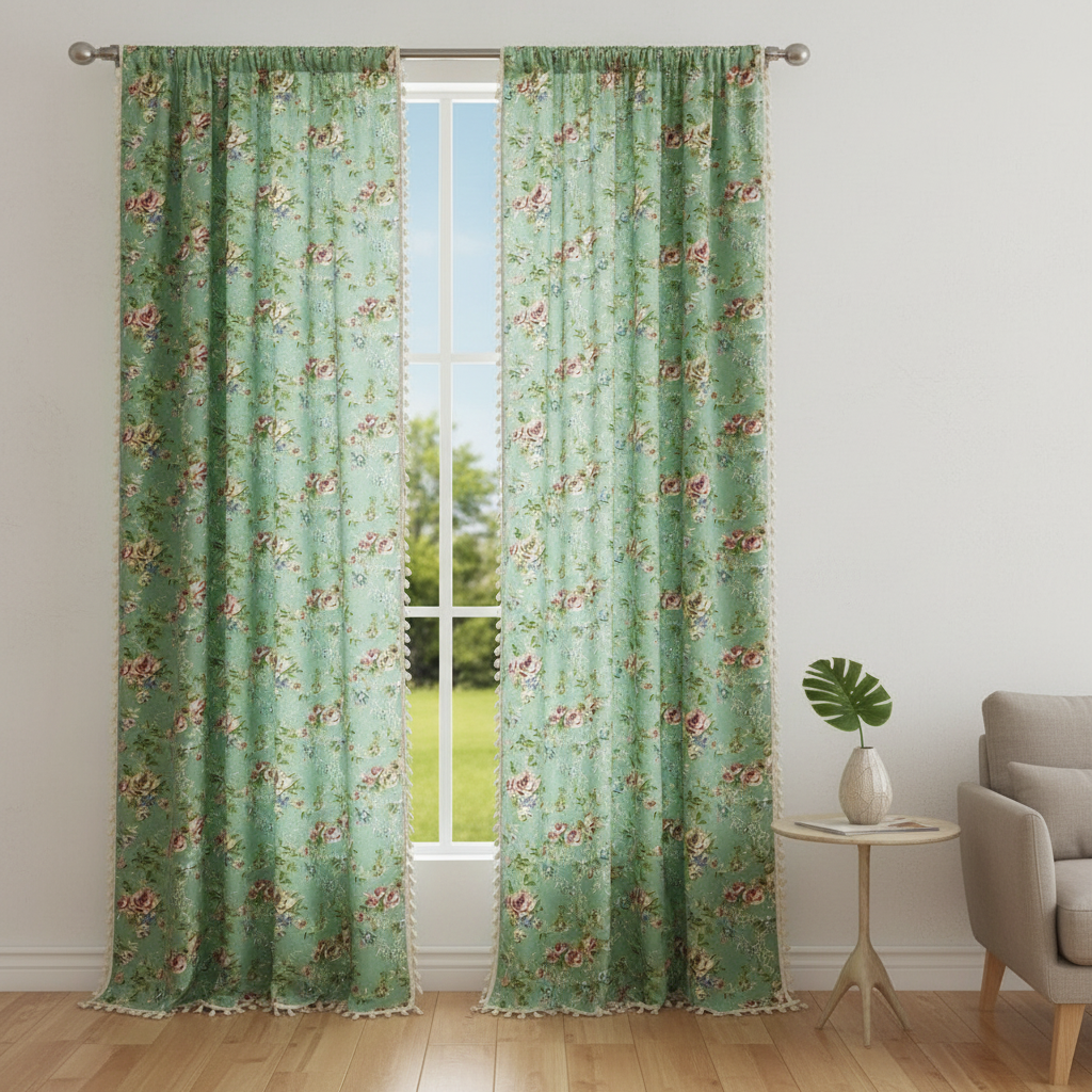 Pastoral Green Rose Tassel Curtain hung on a window in a styled room