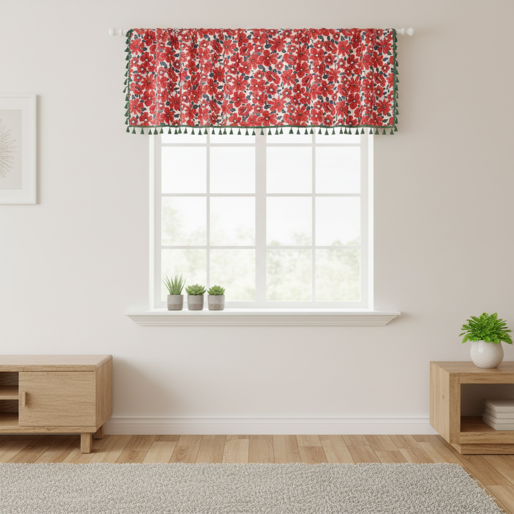 Graceful Red Floral tier curtain hung on a window in a styled room