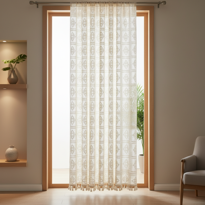 Rhombus Plaid Diamond Lace Curtain hung on a window in a styled room