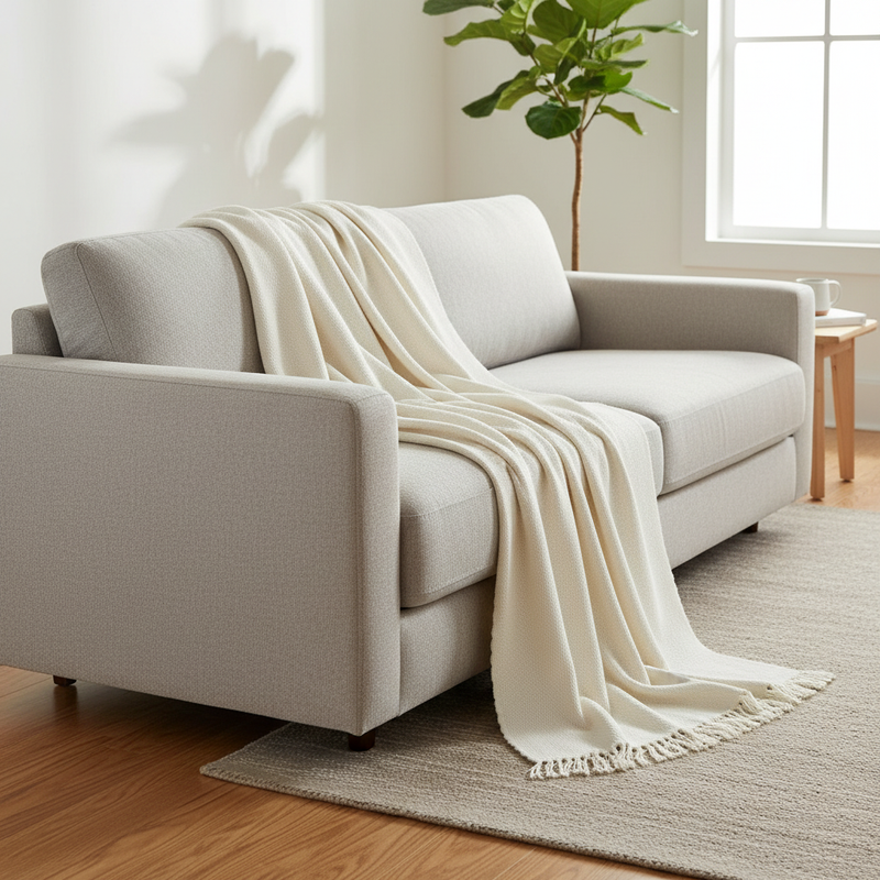 Mousoon Off-White Throw Blanket styled in a modern living room