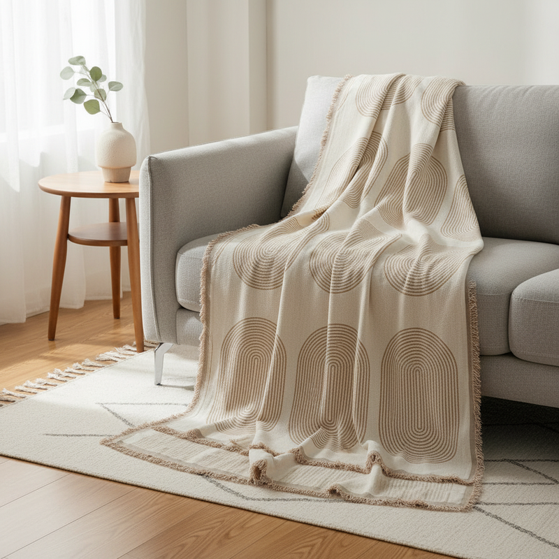 Sandy Tan Chenille Throw Blanket styled in a modern living room