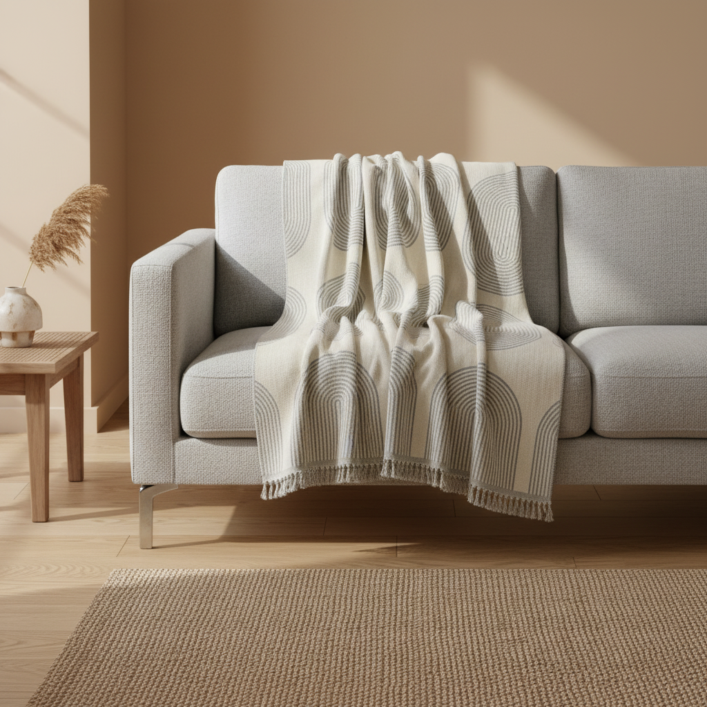 Dusty Grey Chenille Throw Blanket styled in a modern living room