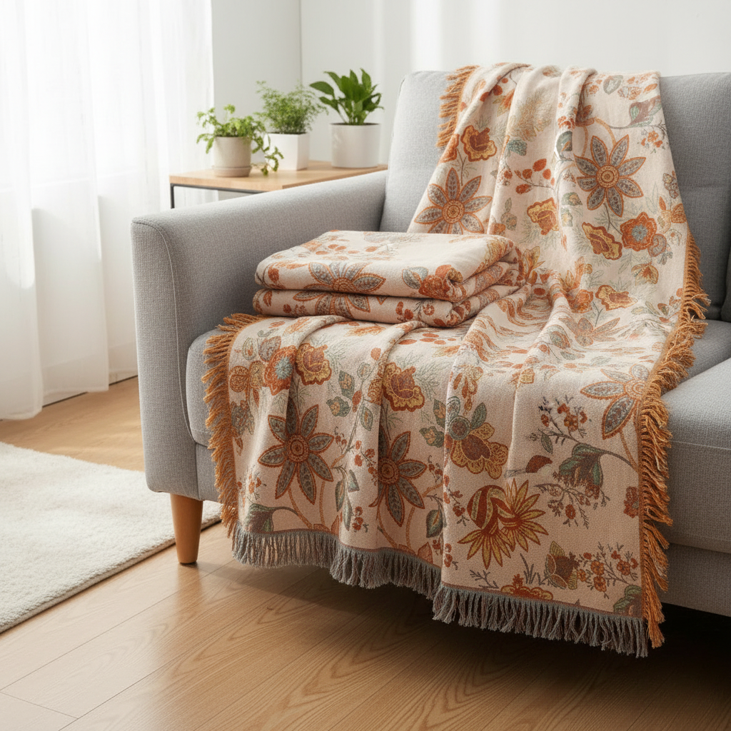 Rustic Floral Boho Cotton Blanket styled in a cozy room