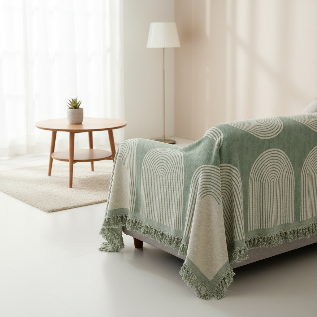 Pistachio Chenille Throw Blanket draped over a sofa in a modern living room