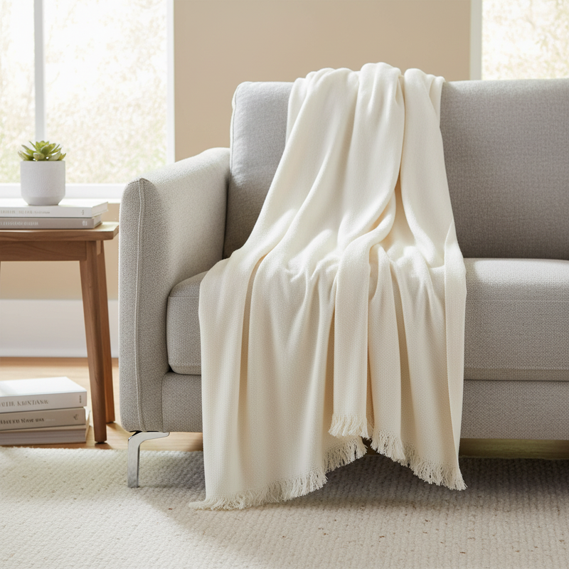 Off-White Soft Throw Blanket draped over a sofa in a modern living room