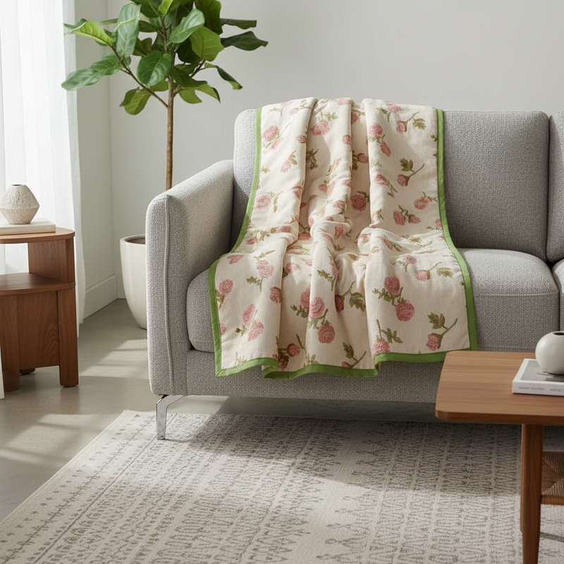Bamboo Fiber Rural Rose Cooling Blanket styled in a cozy room