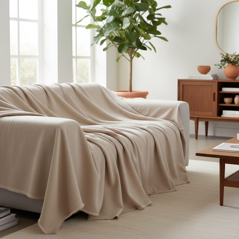 Milk Tea Soft Throw Blanket draped over a sofa in a modern living room