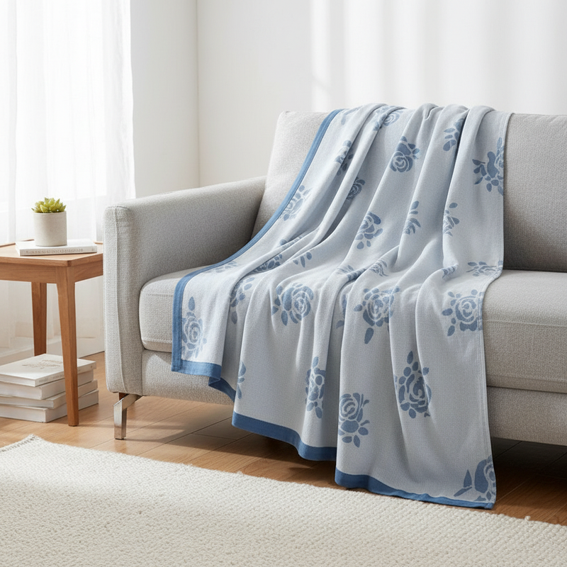 Bamboo fiber rose cooling blanket draped over a sofa in a modern room