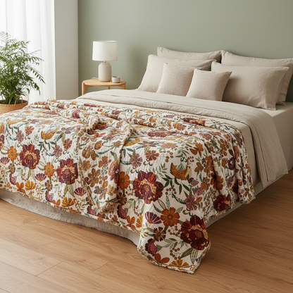 Charm floral blanket throw neatly on a bed in a modern room