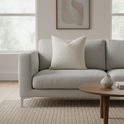 Calen white boucle pillow cover styled on a sofa in a modern living room