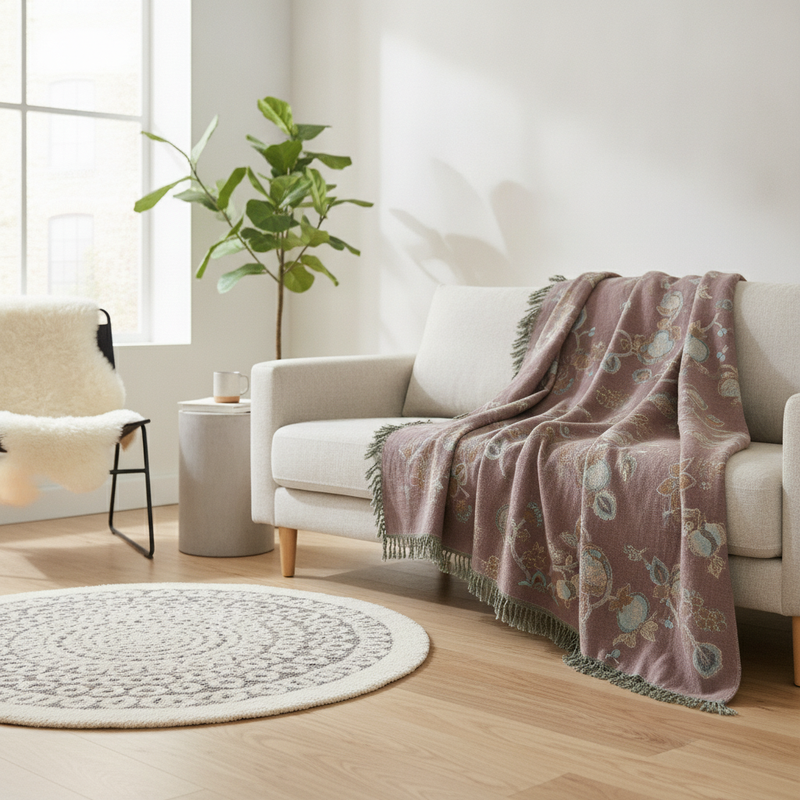 Orchid trail floral cotton tassel blanket draped over a sofa in a modern room