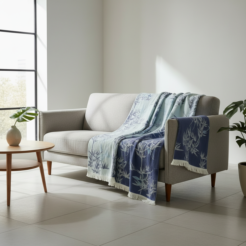 Bamboo Cotton Reversible Jacquard Throw styled in a modern room
