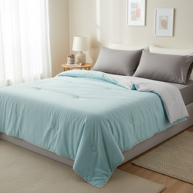 Forevercool cooling blanket neatly on a bed in a modern room