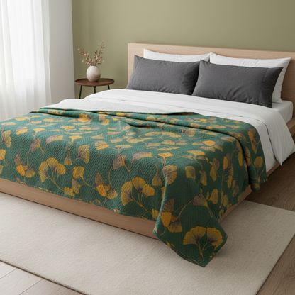 Jacquard Floral Ginkgo Leaves Reversible Coverlet styled on a bed in a modern bedroom