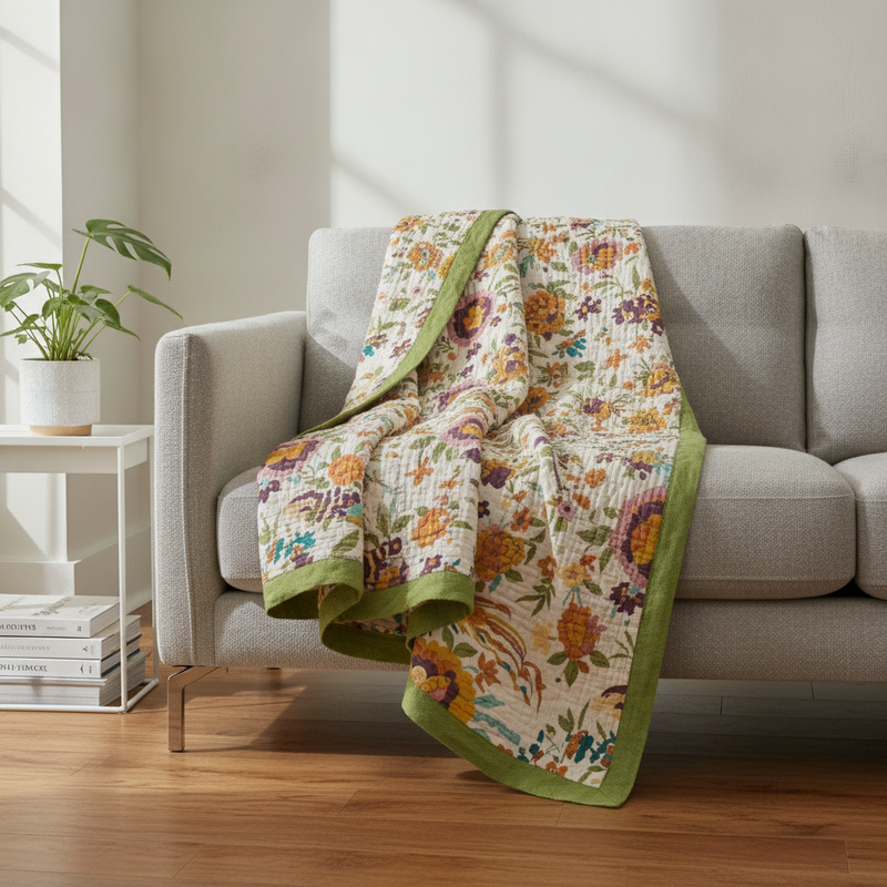 Soft Blossom Breeze Coverlet draped over a sofa in a cozy living room