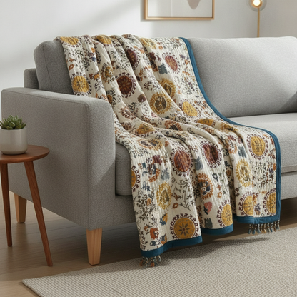 Breathable Cotton Gauze Coverlet draped over a sofa in a modern living room