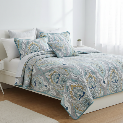 Paisley Aqua Teal Coverlet Set styled on a bed in a modern bedroom