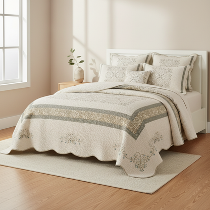 Elegant Embroidered Patchwork Thread Coverlet styled on a bed in a bright bedroom