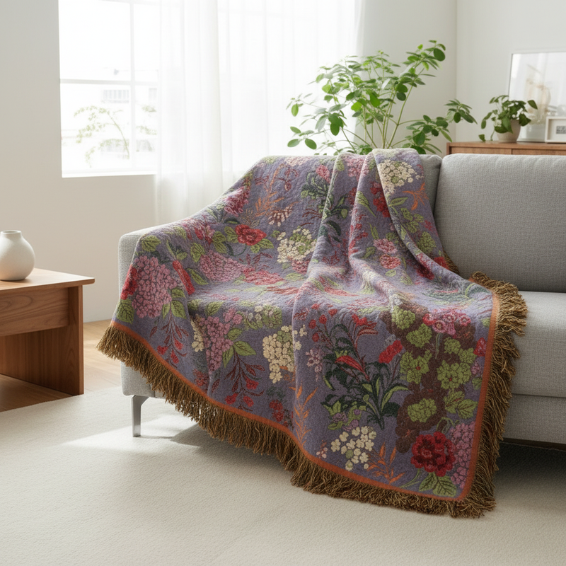 Botanic Floral Cotton Tassel Blanket draped over a sofa in a cozy living room
