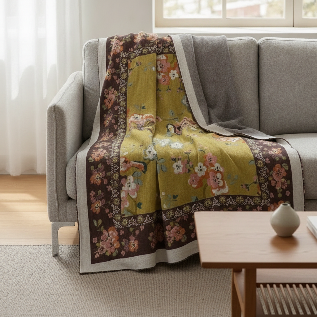 Boho Garden Bird Floral Blanket draped over a sofa in a modern living room