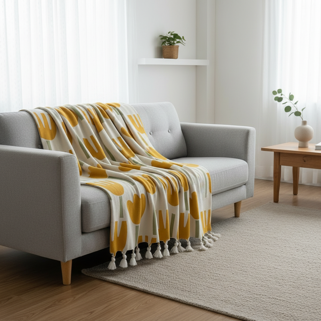 Spring Tulip Floral Knitted Blanket styled in a modern living room