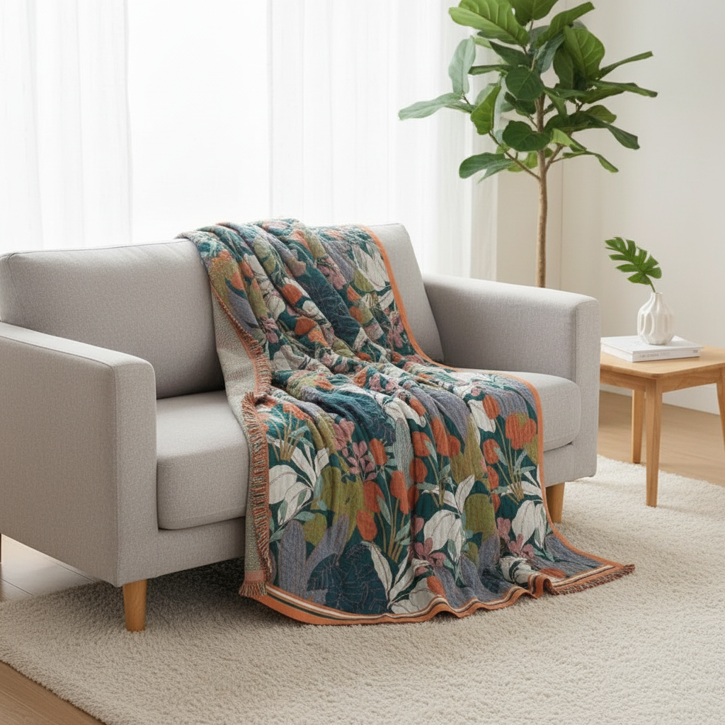Garden-Inspired Cotton Gauze Blanket styled in a modern living room