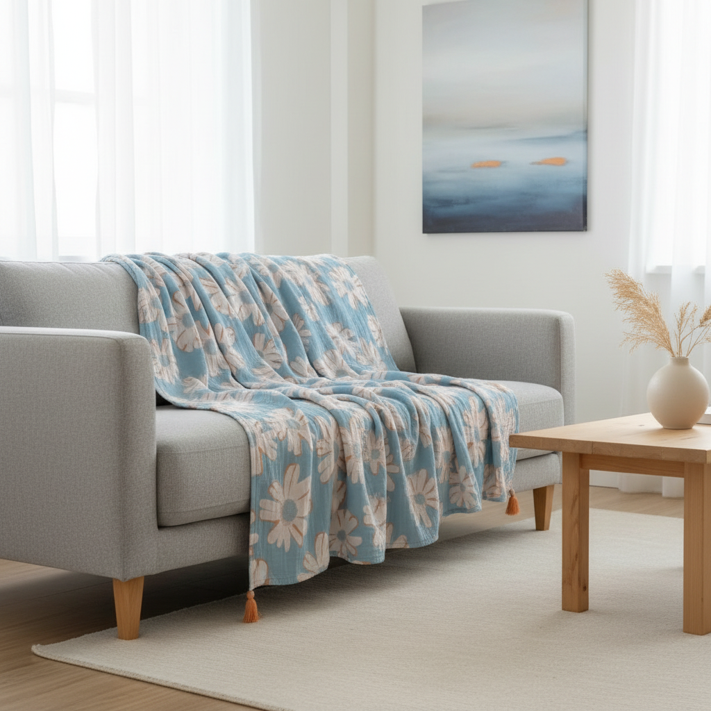 Summer-Ready Daisy Cotton Blanket styled on a sofa in a bright living room
