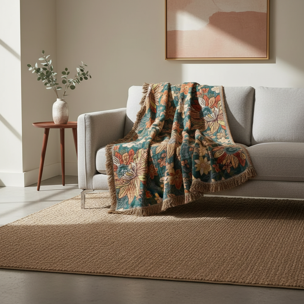 Modish Floral Cotton Tassel Throw Blanket styled in a modern living room