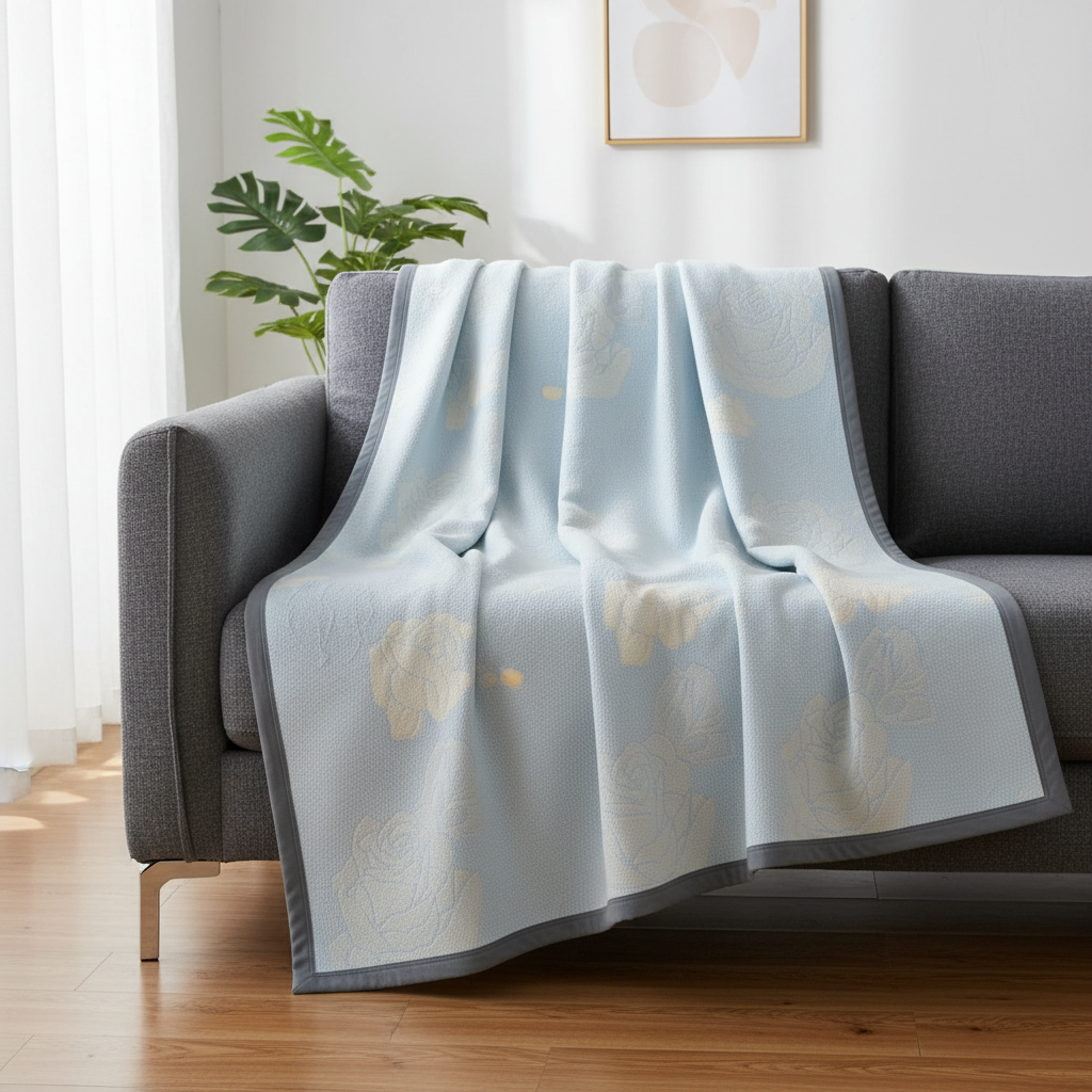 Blue Rose Bloom Cotton Blanket draped on a sofa in a modern living room
