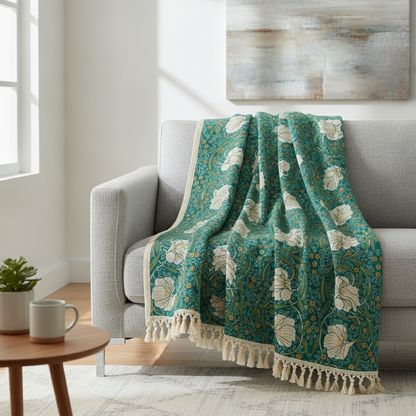 Green Botanical Bloom Cotton Blanket draped on a sofa in a modern living room