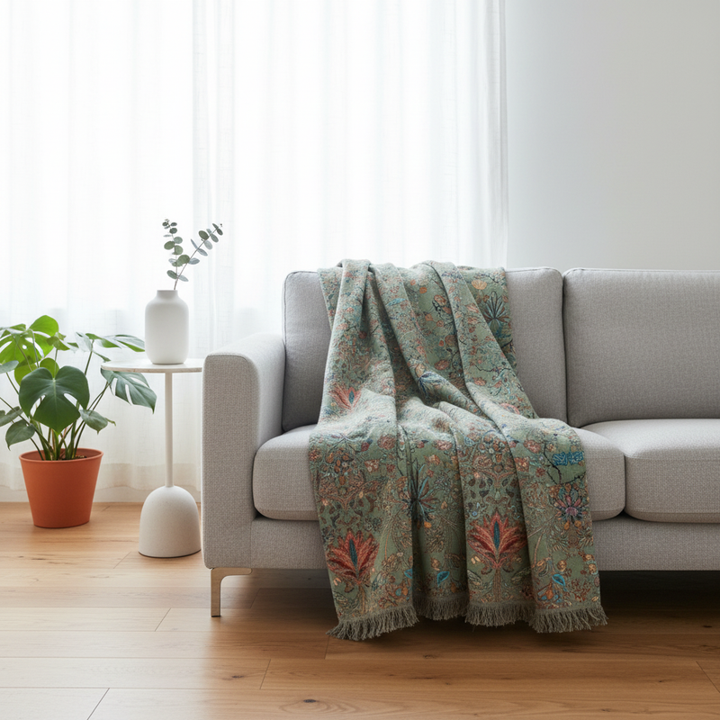 Greenery Floral Cotton Tassel Blanket draped on a sofa in a modern living room