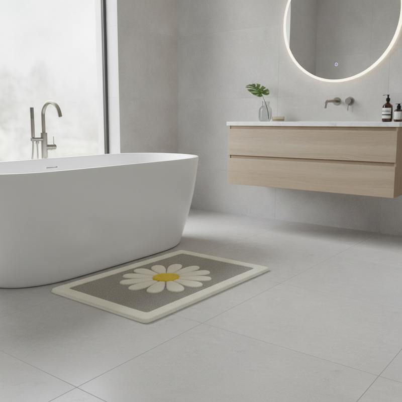 Charming Daisy Bloom Bath Mat in a modern bathroom