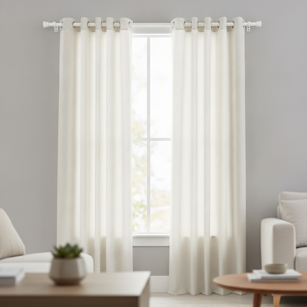 Adjustable telescopic curtain rod mounted at a window holding a curtain