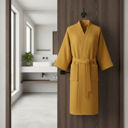 Waffle V-Neck Cotton Bathrobe hung in a bathroom