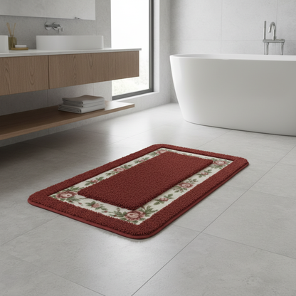 Floral border absorbent bath mat on a bathroom floor by the tub
