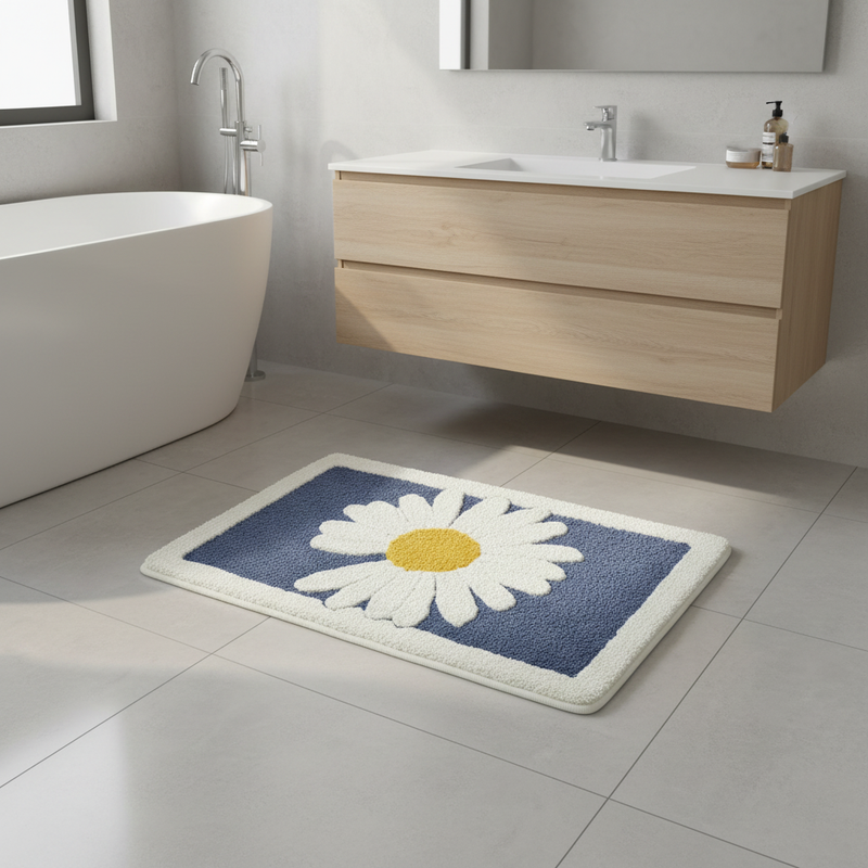 Fleur plush daisy bath mat on a bathroom floor by the tub